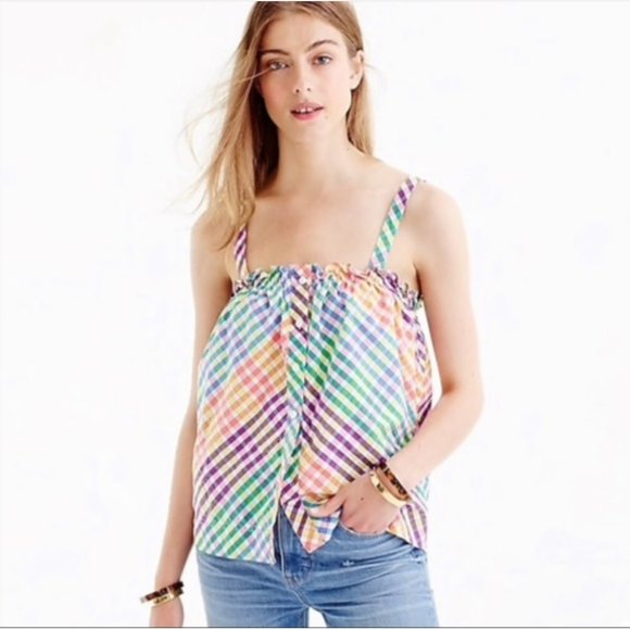 J. Crew Tops - J.CREW Printed Tank Top Multicolor Gingham Plaid Summer Top Size-8